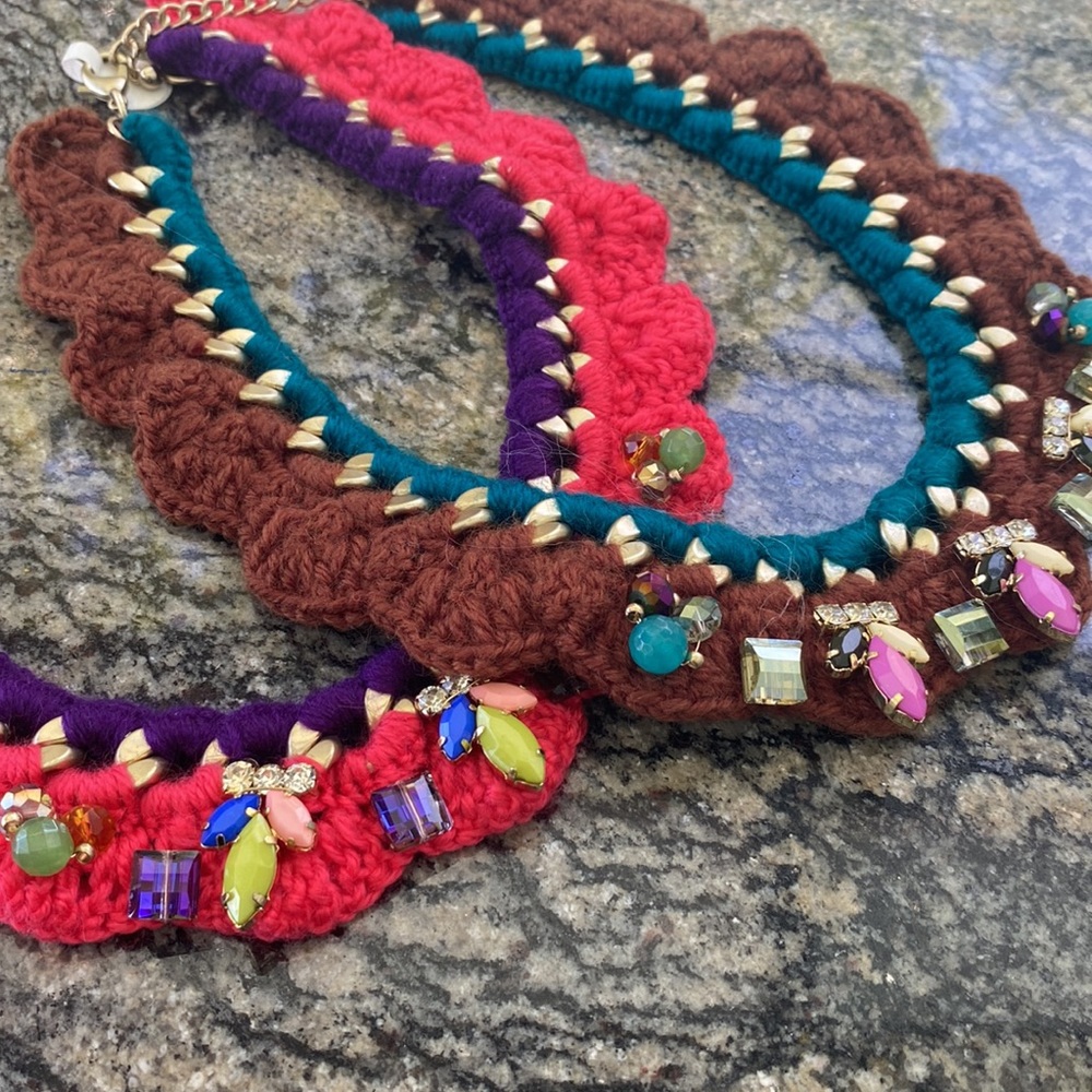 Bohemian 2 pc set lot bundle pink brown candy knitted boho yarn necklace funky - Picture 6 of 8